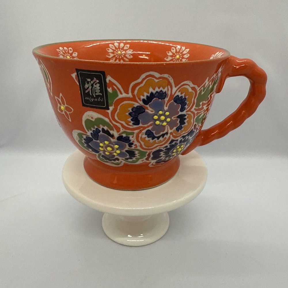 Yokohama Studio‎ Hand-Painted Pottery Mug Orange Floral Boho Chic Flower Power